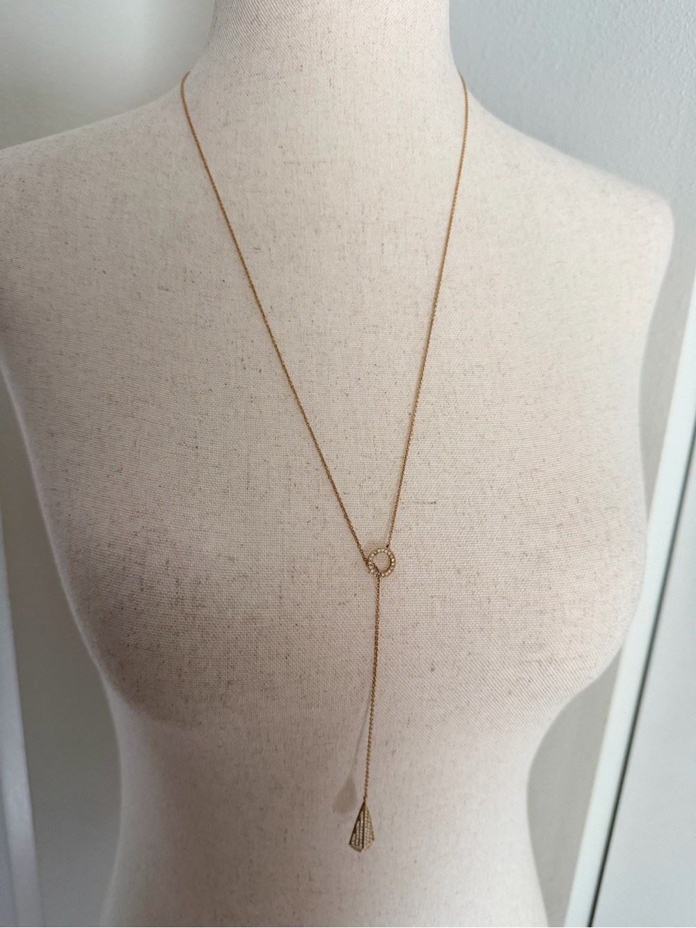 Nadri Gold Lariat Necklace with Rhinestone Drop Pendant